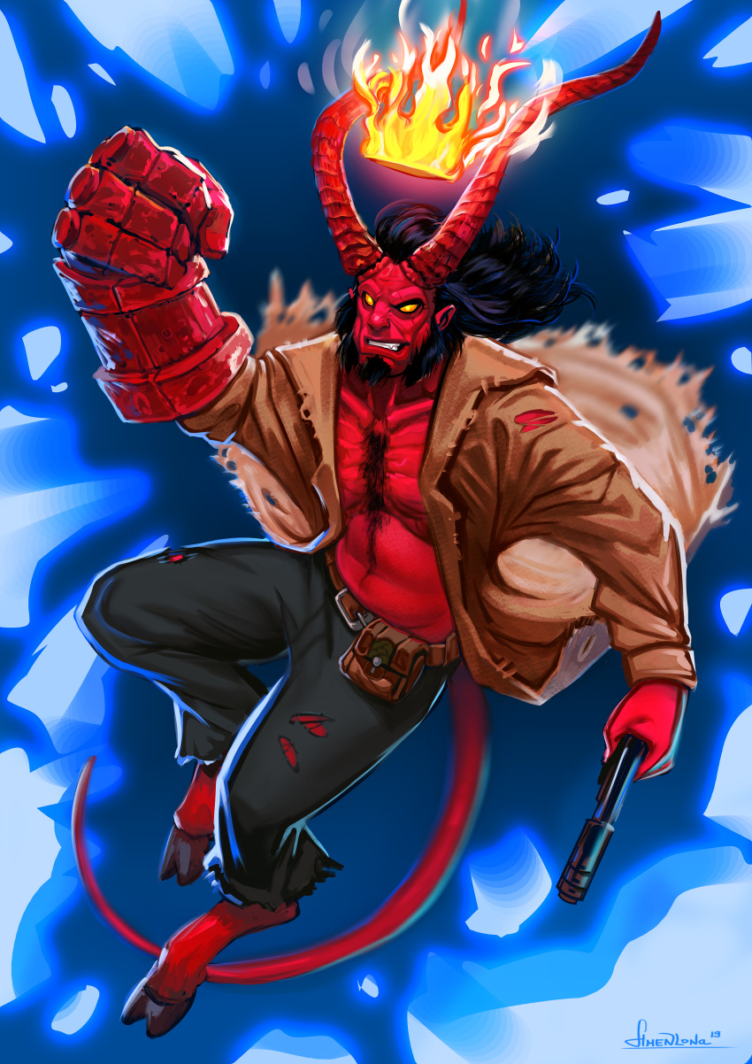 2019 absurd_res amenlona black_hair demon digital_media_(artwork) hair hellboy_(character) hellboy_(series) hi_res hooves horn male solo teeth yellow_eyes