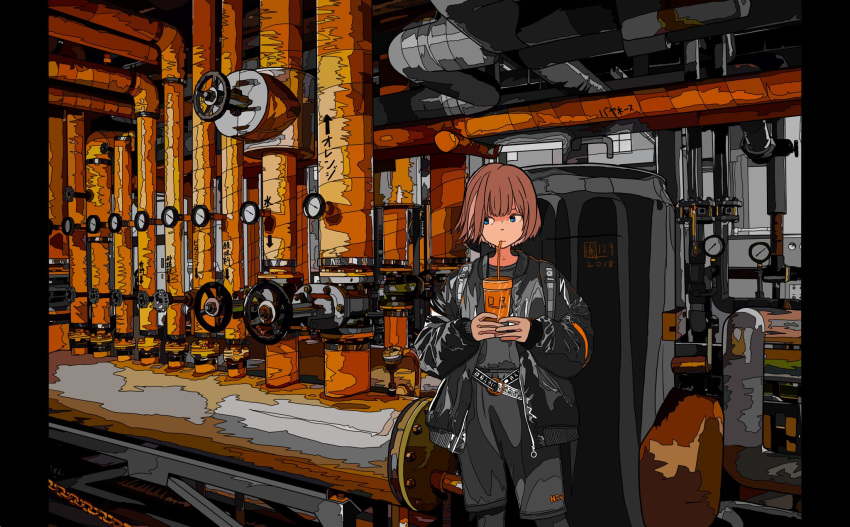 1girl bangs belt black_jacket blue_eyes brown_hair chains cup dated drink drinking_straw drinking_straw_in_mouth flat_color harusameriburo highres holding holding_cup jacket ligne_claire long_sleeves original pipes short_hair shorts solo