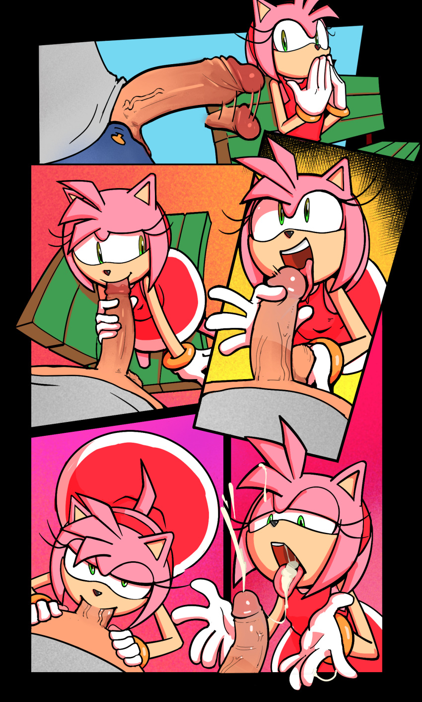 amy_rose big_eyes big_penis bracelet comic cum cum_in_hair cum_on_tongue cum_string ejaculation eyelashes faceless_male fellatio female filthypally gloves highres interspecies mouth mouth_open outdoors park park_bench penis penis_grab penis_lick pink_fur red_skirt skirt sonic_(series) sonic_team tongue tongue_out veiny_penis video_games