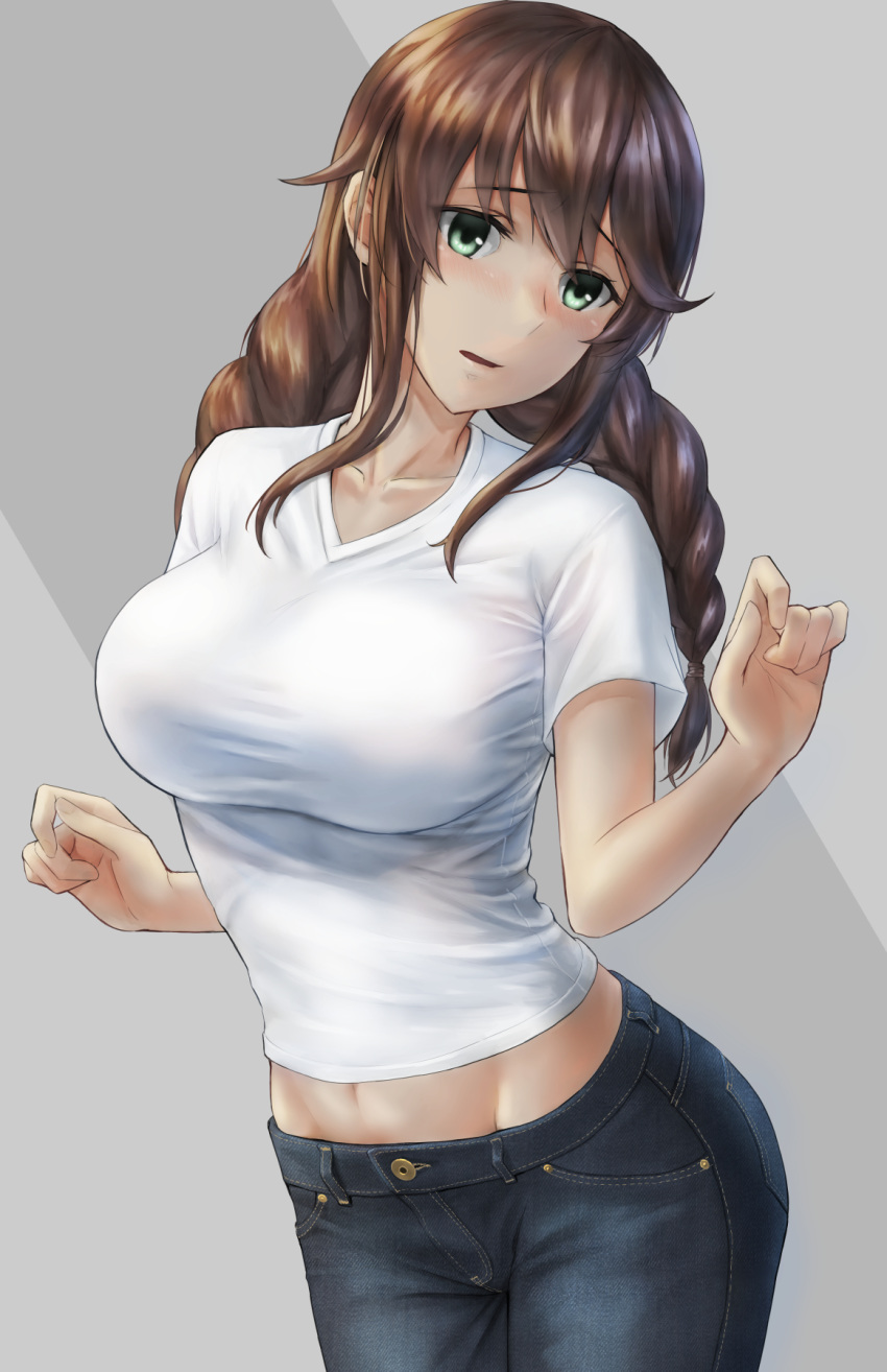 1girl awkward bangs blush braid breasts brown_hair casual collarbone cowboy_shot denim embarrassed eyebrows_visible_through_hair green_eyes grey_background groin hair_between_eyes hands_up head_tilt highres jeans kantai_collection kokuzoo large_breasts long_hair looking_at_viewer midriff_peek navel noshiro_(kantai_collection) open_mouth pants shirt short_sleeves sidelocks smile solo taut_clothes taut_shirt twin_braids two-tone_background white_shirt