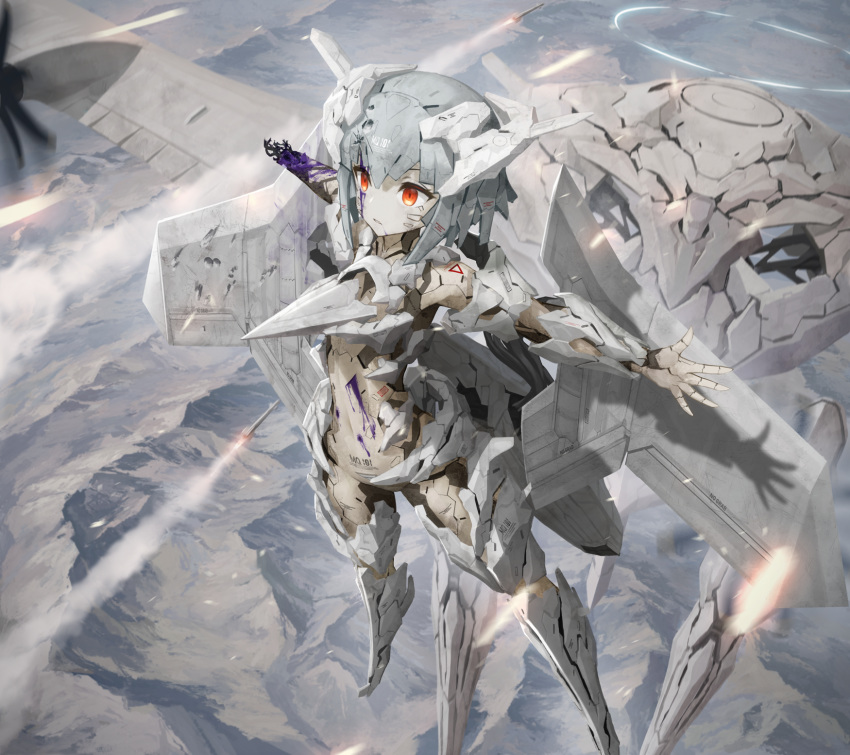 1girl ace_combat ace_combat_7 amputee blood blood_on_face bullet_hole character_name damaged flying from_above highres human_shield injury mecha_musume missile mountain mq-101 parts_exposed personification red_eyes shadow short_hair silver_hair tom-neko_(zamudo_akiyuki) war