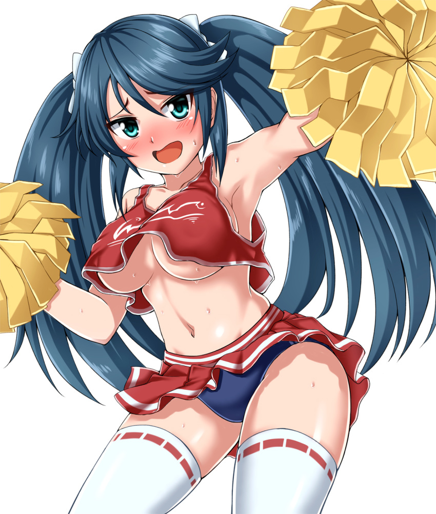 1girl :d alternate_costume arm_up armpits bangs blue_buruma blue_eyes blue_hair blush bow breasts buruma buruma_under_skirt cheerleader collarbone commentary_request cowboy_shot crop_top embarrassed eyebrows_visible_through_hair furrowed_eyebrows gradient hair_between_eyes hair_bow hair_ribbon highres holding isuzu_(kantai_collection) kantai_collection large_breasts leaning_forward long_hair looking_at_viewer miniskirt navel no_bra nose_blush open_mouth outstretched_arm partial_commentary pleated_skirt pom_poms print_skirt red_shirt red_skirt ribbon ribbon-trimmed_legwear ribbon_trim shirt simple_background single_horizontal_stripe skindentation skirt smile solo sportswear sweat swept_bangs tank_top thighhighs twintails underboob very_long_hair white_background white_bow white_legwear zanntetu