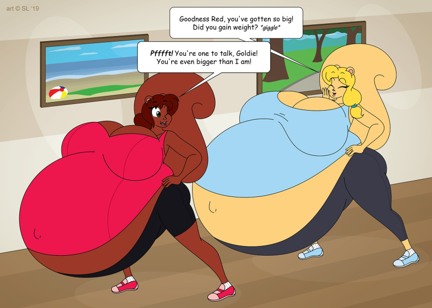 anthro big_breasts breasts clothed clothing dialogue duo exercise female hi_res huge_breasts hyper hyper_pregnancy mammal pregnant rodent satsumalord sciurid