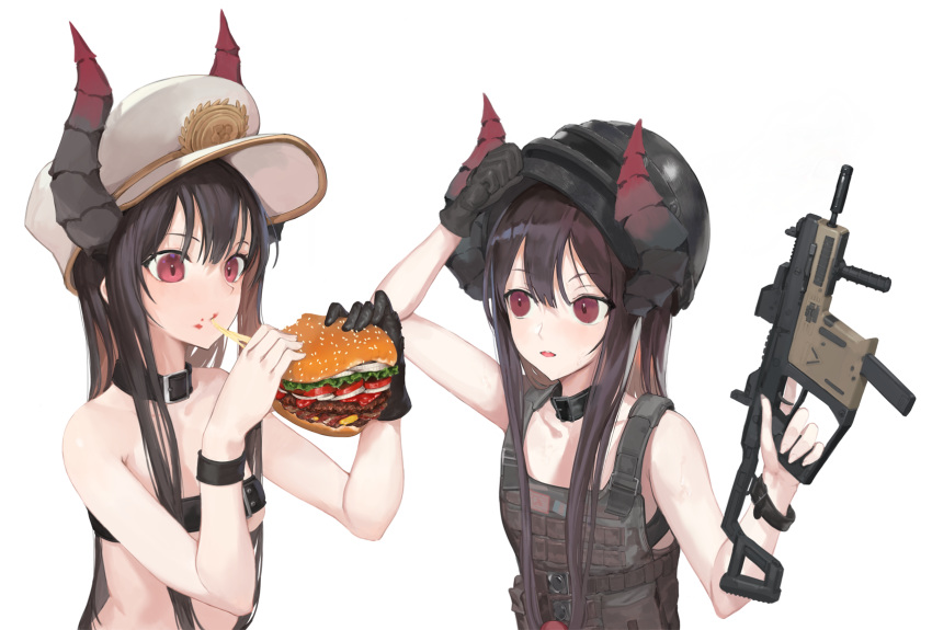 1girl arm_up bangosu bangs bare_arms bare_shoulders beef beltbra black_gloves black_hair breasts brown_hair buckle cheese cheese_trail collar collarbone commentary_request copyright_request curled_horns demon_horns eating eyebrows_visible_through_hair fingernails food food_on_face gloves gun hair_between_eyes hamburger hat highres holding holding_food holding_gun holding_weapon horns long_hair looking_away mask mask_on_head military_hat multiple_girls multiple_views onion open_mouth playerunknown's_battlegrounds red_eyes round_teeth salad sidelocks simple_background single_glove small_breasts sweatband teeth tomato trigger_discipline underboob upper_body upper_teeth v-shaped_eyebrows very_long_hair virtual_youtuber weapon weapon_request white_background white_headwear