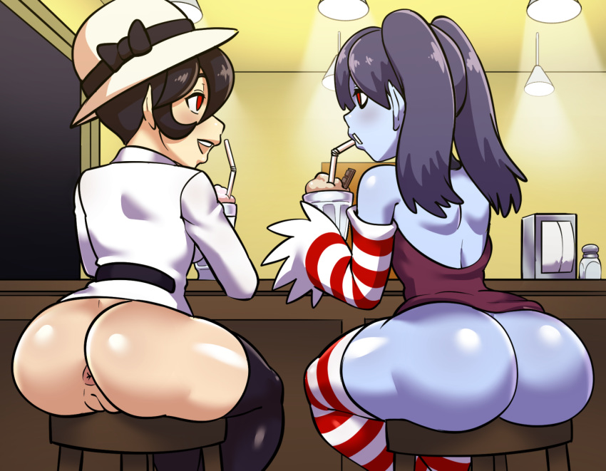 2girls anus ass black_hair blue_skin bottomless breasts dynamo-x dynamo_heart filia_(skullgirls) hat long_hair looking_at_another milkshake multiple_girls open_clothes open_mouth purple_hair pussy sitting skullgirls squigly_(skullgirls) striped striped_legwear thighhighs twintails zombie