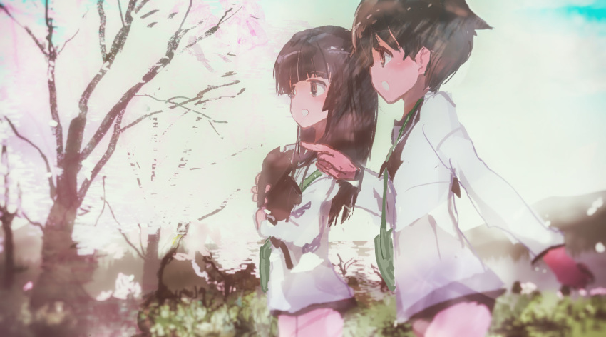 2girls animal bag bangs black_hair blunt_bangs blurry brown_eyes brown_hair cat cherry_blossoms cloud cloudy_sky depth_of_field happy highres holding holding_animal holding_cat kabuyama_kaigi long_hair miyafuji_yoshika multiple_girls open_mouth pointing profile school_bag school_uniform serafuku short_hair sketch sky smile strike_witches swimsuit swimsuit_under_clothes tree walking world_witches_series yamakawa_michiko