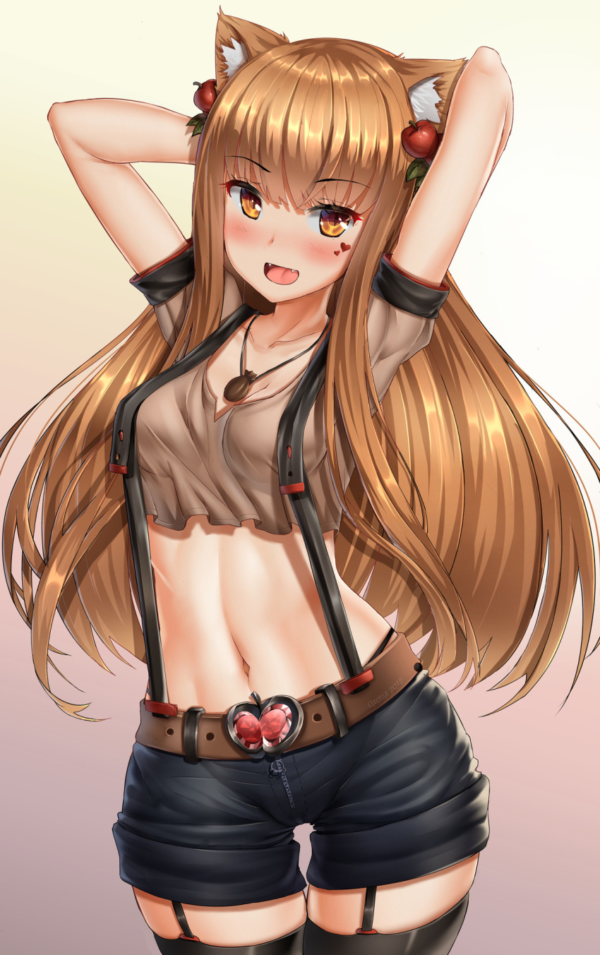 1girl :d animal_ear_fluff animal_ears apple_belt_buckle apple_hair_ornament arms_up bangs bare_arms beige_shirt belt belt_buckle black_legwear black_shorts breasts brown_belt buckle collarbone commentary cowboy_shot crop_top crop_top_overhang cropped_shirt english_commentary eyebrows_visible_through_hair fangs food_themed_hair_ornament garter_straps gradient gradient_background hair_ornament hair_spread_out highres holo jewelry looking_at_viewer medium_breasts midriff navel necklace open_mouth orange_eyes orange_hair oxenia pendant shiny shiny_hair short_shorts short_sleeves shorts skindentation slit_pupils smile spice_and_wolf standing stomach strap_gap suspenders thigh_gap thighhighs wide_hips wolf_ears wolf_girl zipper zipper_pull_tab