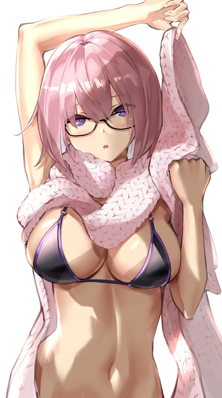 1girl absurdres arm_up bare_shoulders black-framed_eyewear black_bikini_top blush breasts cleavage collarbone fate/grand_order fate_(series) glasses highres large_breasts lavender_hair looking_at_viewer mash_kyrielight monyu_(monyupop) navel open_mouth parted_lips pink_neckwear purple_eyes scarf shiny shiny_hair short_hair simple_background solo white_background