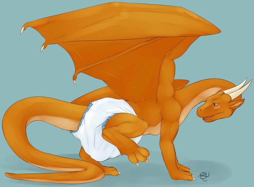 3_toes anthro blush claws clothed clothing diaper digital_media_(artwork) dragon embarrassed fangs feces feral green_eyes horn kicks lizab long_neck long_tail male messy_diaper open_mouth orange_scales partially_clothed scales scat simple_background soiling solo toes tongue wings