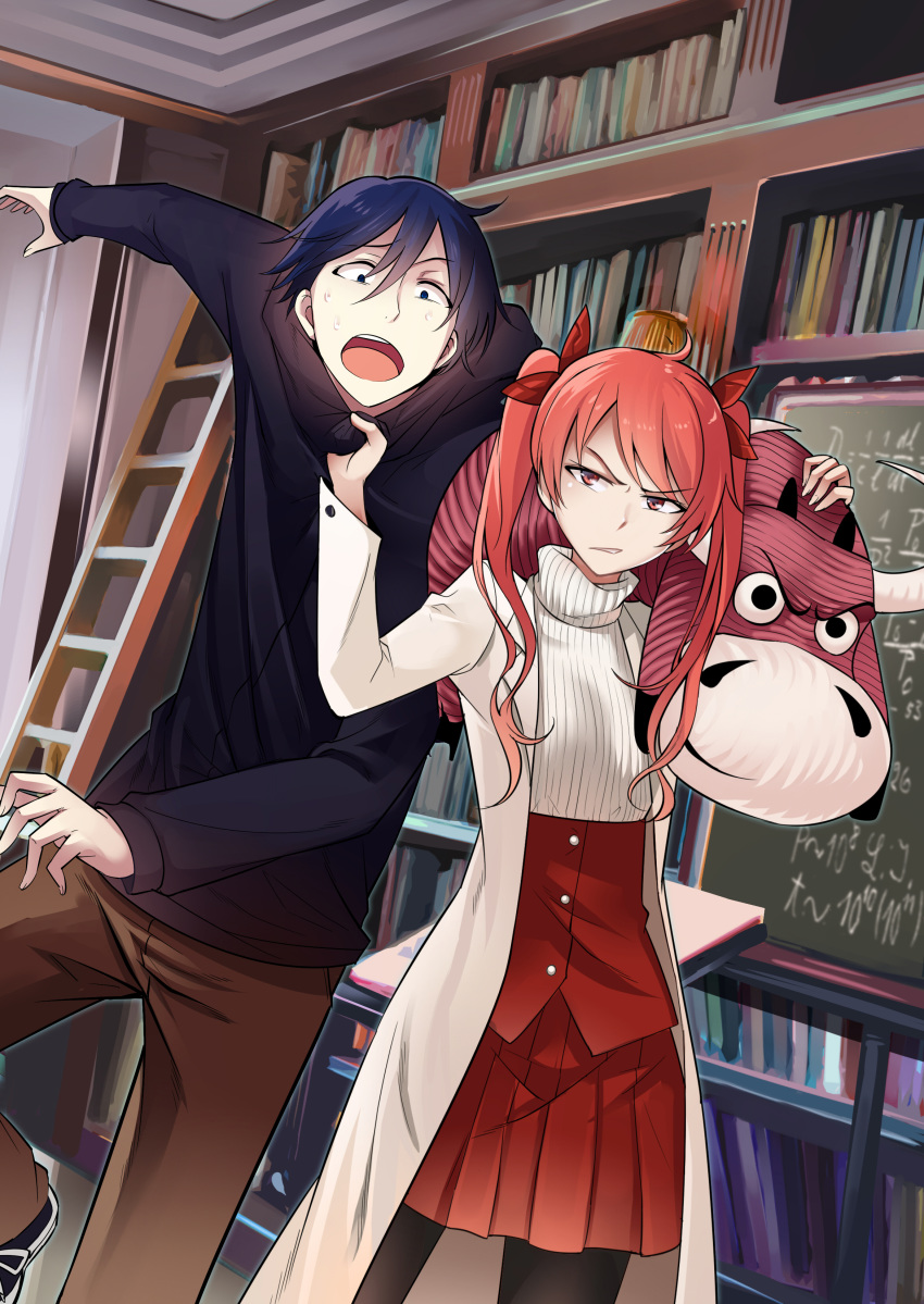 1boy 1girl absurdres angry black_hair blue_eyes clothes_grab commentary commentary_request hair_between_eyes hair_ribbon highres hirakuneko honkai_(series) honkai_impact_3 jacket jacket_grab long_hair nikola_tesla_(honkai_impact) open_mouth red_eyes red_hair ribbon skirt stuffed_toy sweat toy twintails welt_joyce