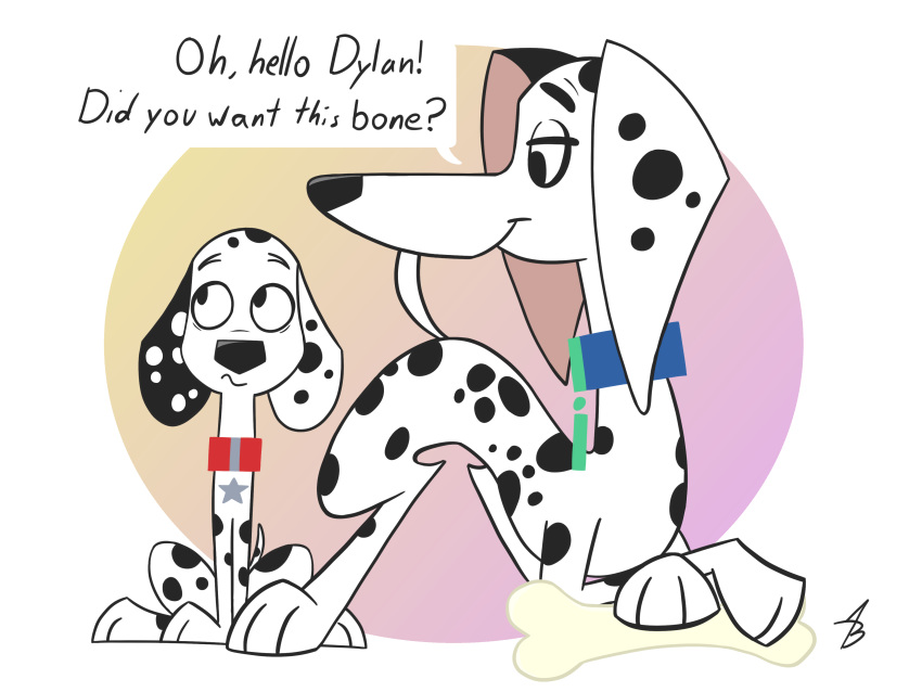 101_dalmatian_street 3_toes absurd_res adamb/fluffy bone butt canid canine canis collar dalmatian delilah_(101_dalmatians) dialogue digital_media_(artwork) domestic_dog duo dylan_(101_dalmatians) female feral hi_res looking_back male mammal mother mother_and_son parent presenting presenting_hindquarters signature simple_background sitting son spots toes