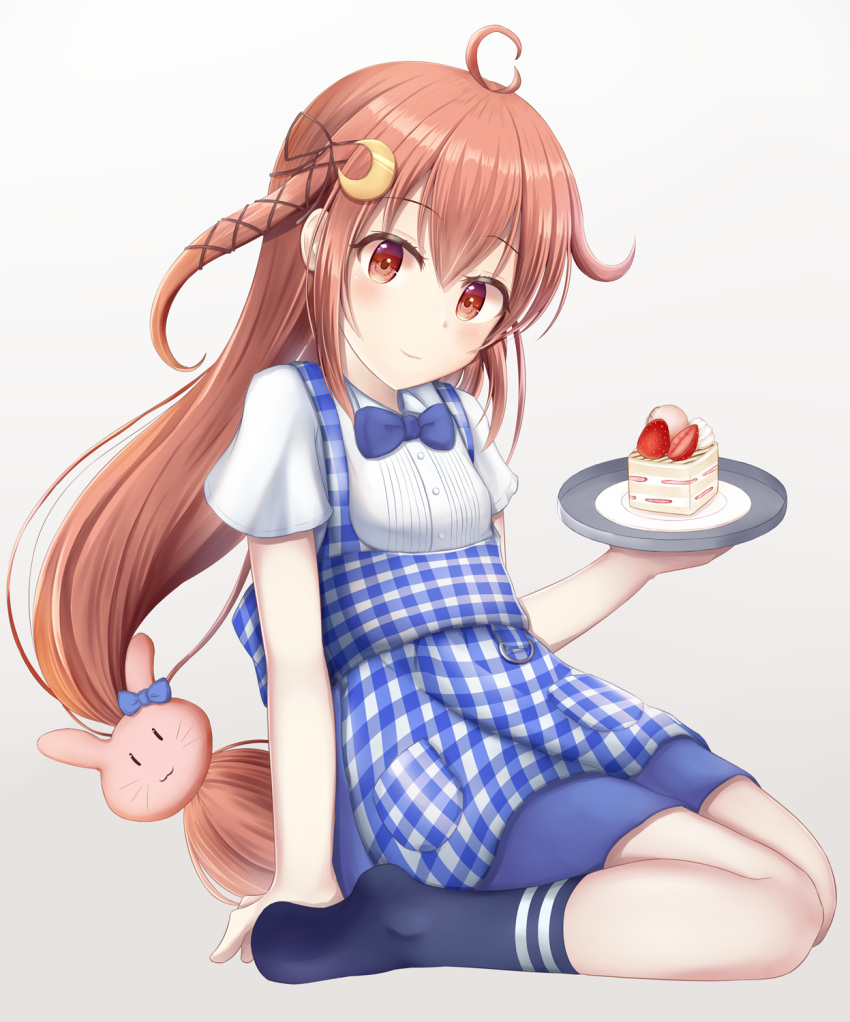 1girl ahoge alternate_costume apron bunny_hair_ornament crescent crescent_hair_ornament employee_uniform hair_ornament hair_ribbon highres holding holding_plate kantai_collection kobeya koubeya_uniform long_hair low-tied_long_hair minakami_mimimi pink_hair plaid plaid_apron plate red_eyes ribbon seiza short_sleeves sitting socks solo uniform uzuki_(kantai_collection) waitress