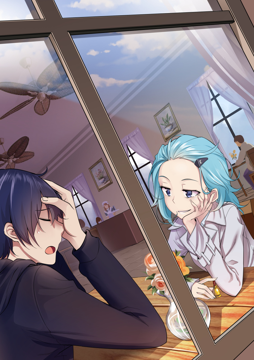 1boy 1girl absurdres aqua_hair bell black_hair blue_eyes blue_hair commentary commentary_request einstein_(honkai_impact) eyes_closed fan flower hair_ornament hairclip head_rest highres hirakuneko honkai_(series) honkai_impact_3 jacket messy_hair rose smile sweatdrop table waitress welt_joyce