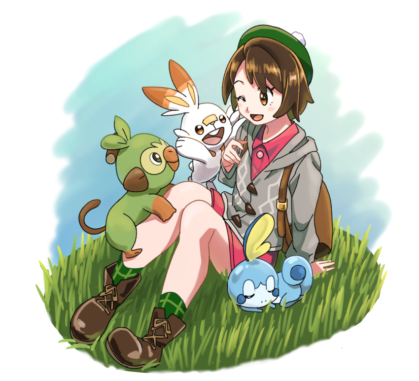 1girl arm_support boots brown_footwear brown_hair creatures_(company) daihuku611 female_protagonist_(pokemon_swsh) full_body game_freak gen_8_pokemon grass green_headwear green_legwear grey_cardigan grookey hood hood_down hooded_cardigan miniskirt nintendo plaid plaid_legwear pokemon pokemon_(creature) pokemon_(game) pokemon_swsh red_skirt scorbunny short_hair sitting skirt sobble socks solo white_background