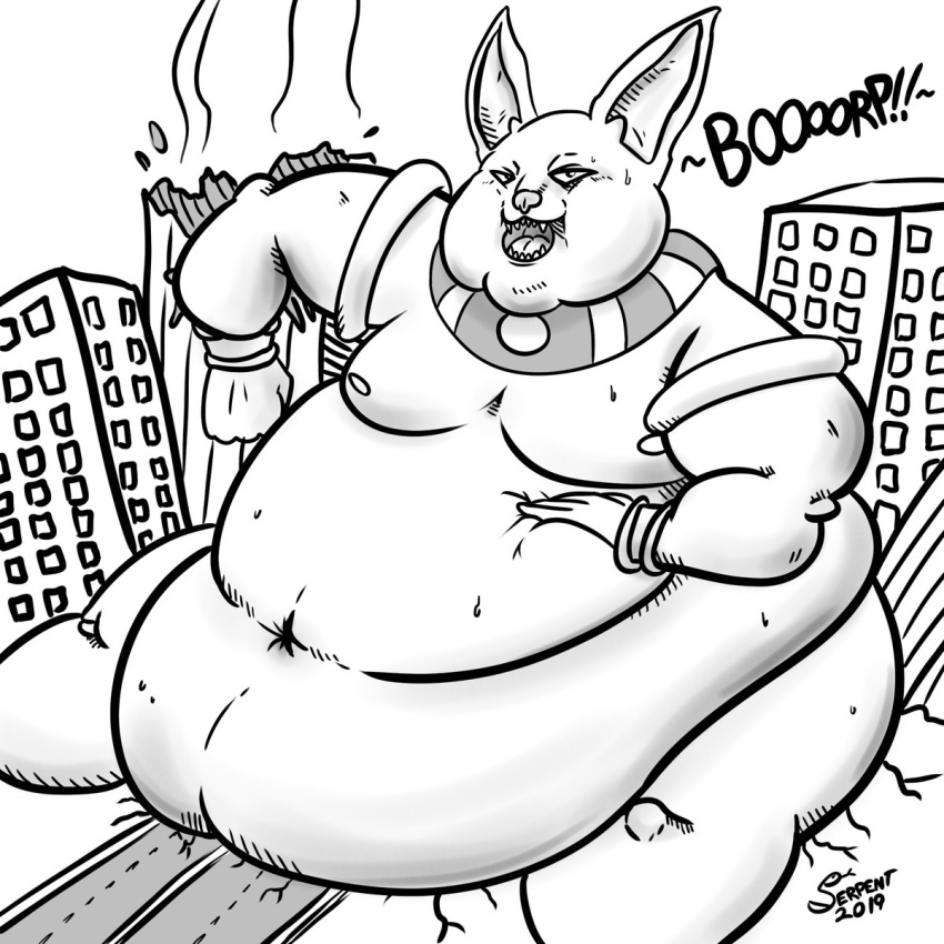 2019 anthro belly big_belly burping champa domestic_cat dragon_ball dragon_ball_super felid feline felis fur hi_res macro male mammal obese overweight overweight_male serpentsaurus solo sphynx_(cat)