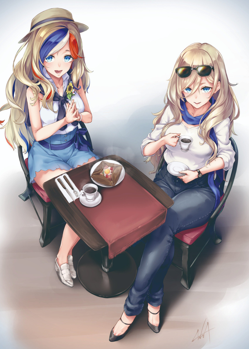 2girls absurdres alternate_costume bangs black_footwear blonde_hair blue_eyes blue_hair blue_scarf blue_skirt blush breasts casual chair coffee collared_shirt commandant_teste_(kantai_collection) cup denim eyewear_on_head fork full_body hair_between_eyes hands_together hat high_heels highres holding holding_cup holding_saucer jeans kantai_collection knife kurofude_anastasia legs_crossed long_hair looking_at_viewer medium_breasts mole mole_under_eye mole_under_mouth multicolored multicolored_clothes multicolored_hair multiple_girls open_mouth pants red_hair richelieu_(kantai_collection) sash saucer scarf shirt sidelocks signature sitting skirt sleeveless sleeveless_shirt smile streaked_hair sunglasses table watch white_footwear white_hair white_shirt wristband yellow_eyes