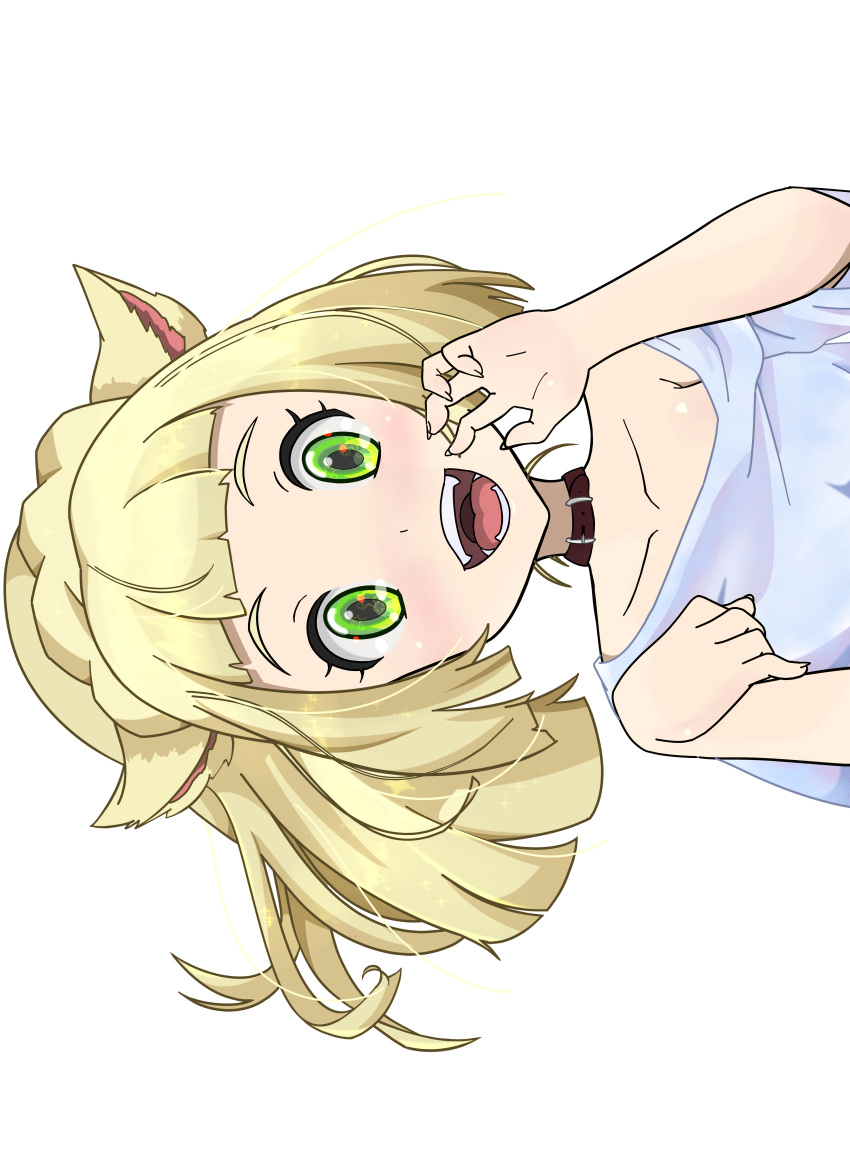 5_fingers absurd_res animal_humanoid blonde_hair blush cat_humanoid clothed clothing collar eyelashes felid felid_humanoid feline feline_humanoid female green_eyes hair hi_res humanoid lillie_(pok&eacute;mon) looking_at_viewer mammal open_mouth simple_background solo teeth white_background zorzero