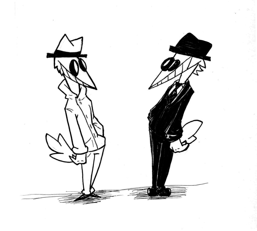 avian bird clothing duo hand_in_pocket hat hi_res necktie simple_background skribbleydoo smile stare suit traditional_media_(artwork)
