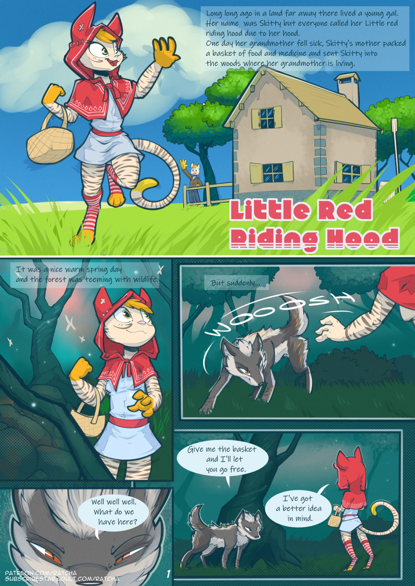 2019 anthro canid canine canis clothed clothing comic digital_media_(artwork) english_text felid female feral fur hair hi_res male mammal pantherine ratcha_(artist) text tiger wolf