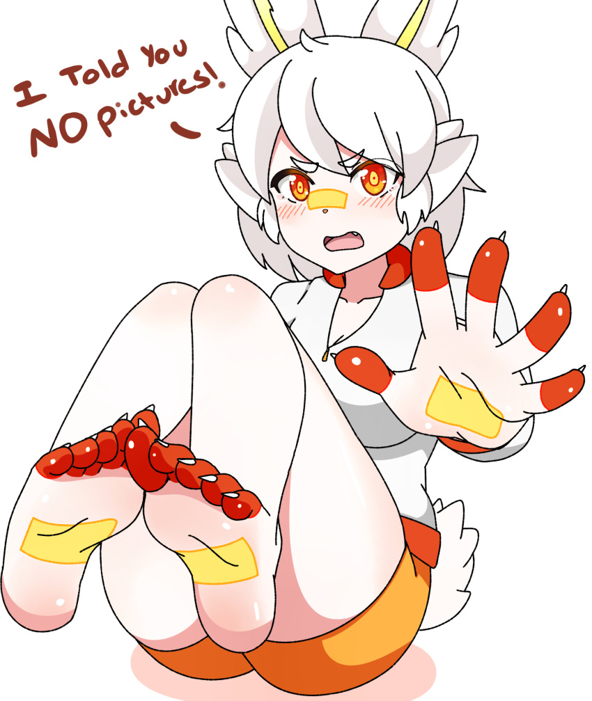 5_fingers 5_toes animal_humanoid barefoot blush breasts claws clothed clothing cute_fangs dialogue english_text feet female hair hi_res humanoid humanoid_feet lagomorph lagomorph_humanoid looking_at_viewer mammal nintendo open_mouth pok&eacute;mon pok&eacute;mon_(species) pok&eacute;mon_humanoid scorbunny shirt shorts soles solo text toes video_games white_hair zorzero