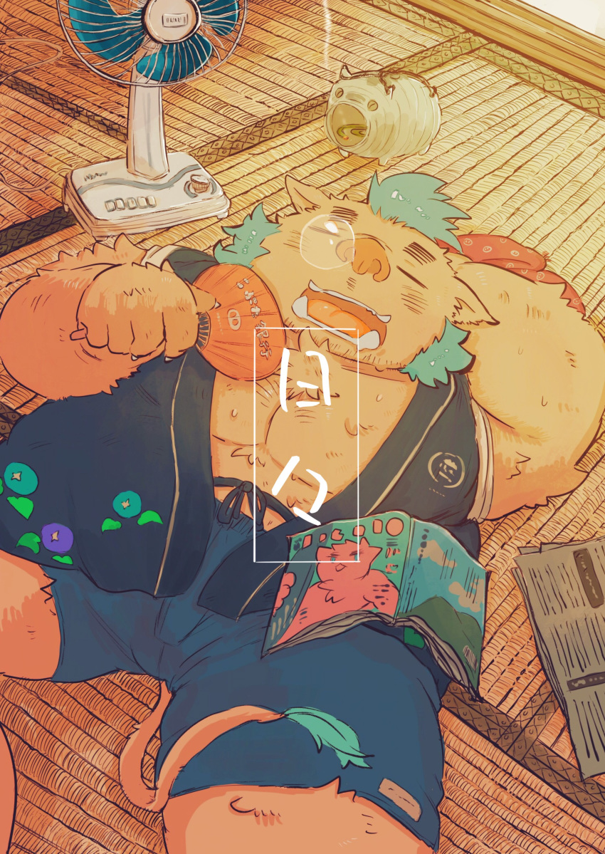 2019 absurd_res anthro belly clothing fan_(disambiguation) gouryou hamuga86 hi_res humanoid_hands lying male mammal moobs overweight overweight_male shorts sleeping solo suid suina sus_(pig) text tokyo_afterschool_summoners video_games wild_boar