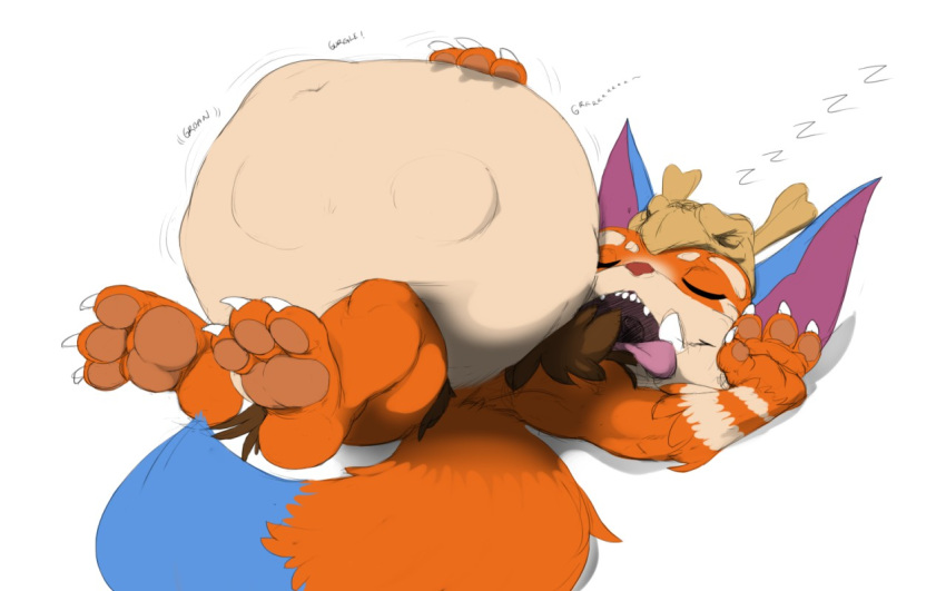 anthro belly big_belly bulge digestion digital_media_(artwork) duo fur gnar_(lol) hand_on_stomach heartman98 humanoid league_of_legends male male/male male_pred mammal open_mouth riot_games short_stack tongue video_games vore yordle