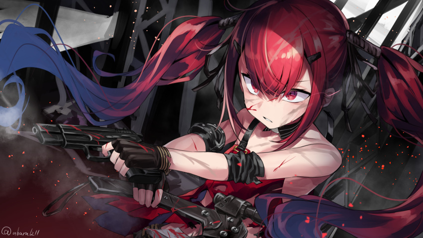 1girl abarabone absurdres axe bangs bare_shoulders black_gloves blood breasts collarbone cz-75 cz-75_(girls_frontline) dual_wielding fingerless_gloves floating_hair girls_frontline gloves gun hair_ornament hairclip handgun highres holding holding_gun holding_weapon long_hair looking_afar parted_lips red_eyes red_hair ribbon sleeveless smoke_trail solo twintails very_long_hair weapon