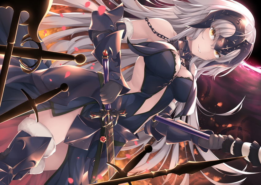 1girl absurdres ahoge armor armored_dress bangs bare_shoulders black_armor black_dress black_gloves boots breasts chains dress elbow_gloves fate/grand_order fate_(series) fur_trim gauntlets gloves greaves hair_between_eyes headpiece highres jeanne_d'arc_(alter)_(fate) jeanne_d'arc_(fate)_(all) kana616 large_breasts long_hair looking_at_viewer polearm silver_hair solo sword thigh_boots thighhighs thighs very_long_hair weapon yellow_eyes