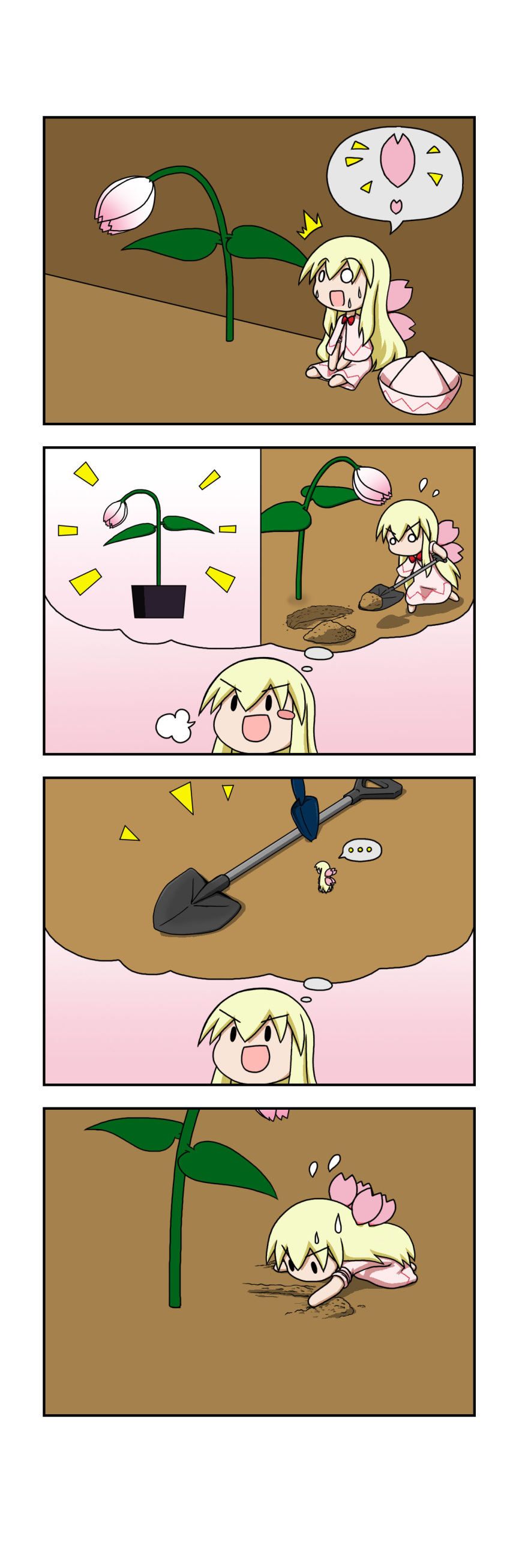 ... /\/\/\ 1girl 4koma =3 absurdres against_wall blonde_hair capelet chibi comic day digging dress fairy_wings flower flying_sweatdrops headwear_removed highres idea kneeling lily_white long_hair minigirl o_o outdoors plant potted_plant rakugaki-biyori shovel silent_comic sitting solid_oval_eyes solo spoken_ellipsis standing sweat thought_bubble touhou very_long_hair white_dress wings
