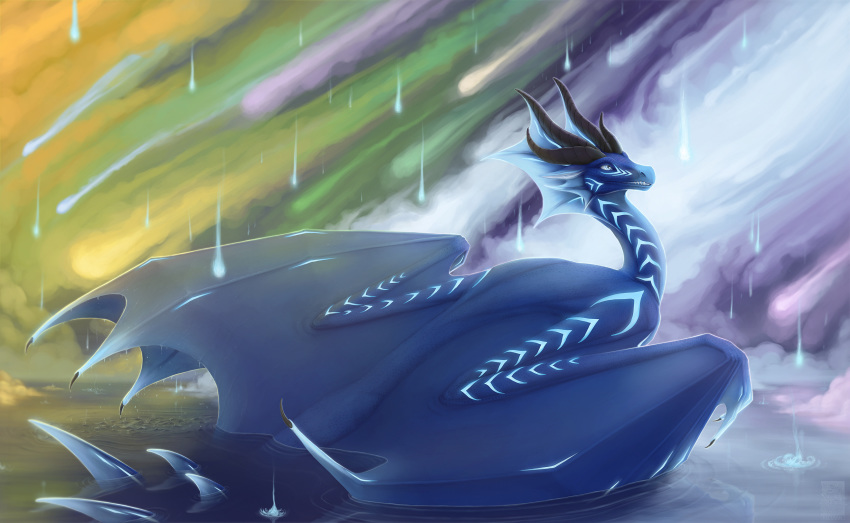 2019 ambiguous_gender blue_eyes digital_media_(artwork) dragon feral hi_res horn keltaan partially_submerged raining smile solo spines water