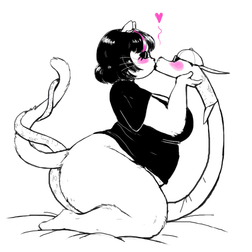 &lt;3 anthro belly big_breasts big_butt biped black_hair blush bottomless breasts butt catti_(deltarune) clothed clothing deltarune digital_media_(artwork) domestic_cat duo ear_piercing eyes_closed eyewear felid feline felis female fur hair hat intertwined_tails jockington_(deltarune) kissing kneeling male mammal outta_sync overweight overweight_female pants piercing reptile scalie shirt side_view simple_background sitting sketch snake sunglasses thick_thighs video_games voluptuous white_background wide_hips