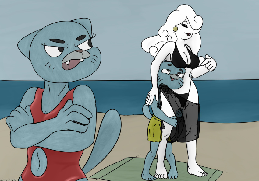 2019 4_fingers 4_toes 5_fingers 5_toes anthro beach bedroom_eyes bikini blue_fur breasts callmewritefag cartoon_network cleavage clothed clothing crossed_arms domestic_cat felid feline felis female fur gumball_watterson hair hair_over_eye half-closed_eyes hi_res hug humanoid jealousy long_hair mammal mature_female navel nicole_watterson seaside seductive shorts size_difference standing swimsuit the_amazing_world_of_gumball toes whiskers white_skin young yuki_yoshida