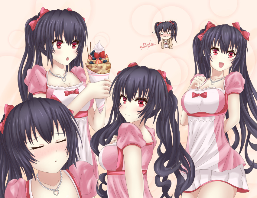 1girl alternate_costume bangs black_hair blush breasts cleavage commentary_request crepe dress embarrassed food hair_between_eyes hair_ornament heart heart_necklace highres incoming_kiss jewelry long_hair looking_at_viewer medium_breasts multiple_views necklace neptune_(series) noire pink_dress red_eyes sidelocks signature smile syn_(synstyle) twintails valentine very_long_hair