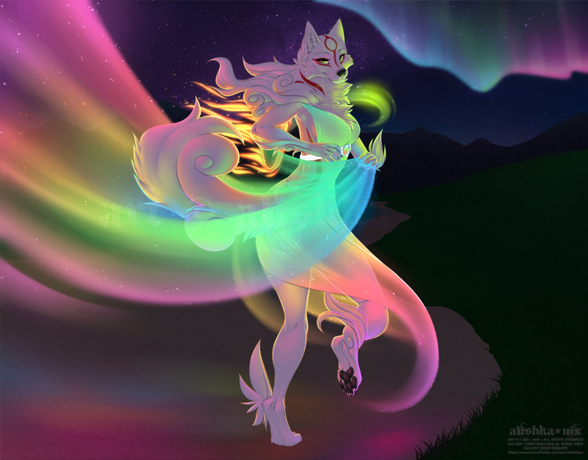 5_fingers alishka amaterasu anthro black_nose breasts canid canine canis capcom clothed clothing deity detailed_background digital_media_(artwork) female fur mammal night outside sky smile solo standing star starry_sky video_games white_fur wolf ōkami