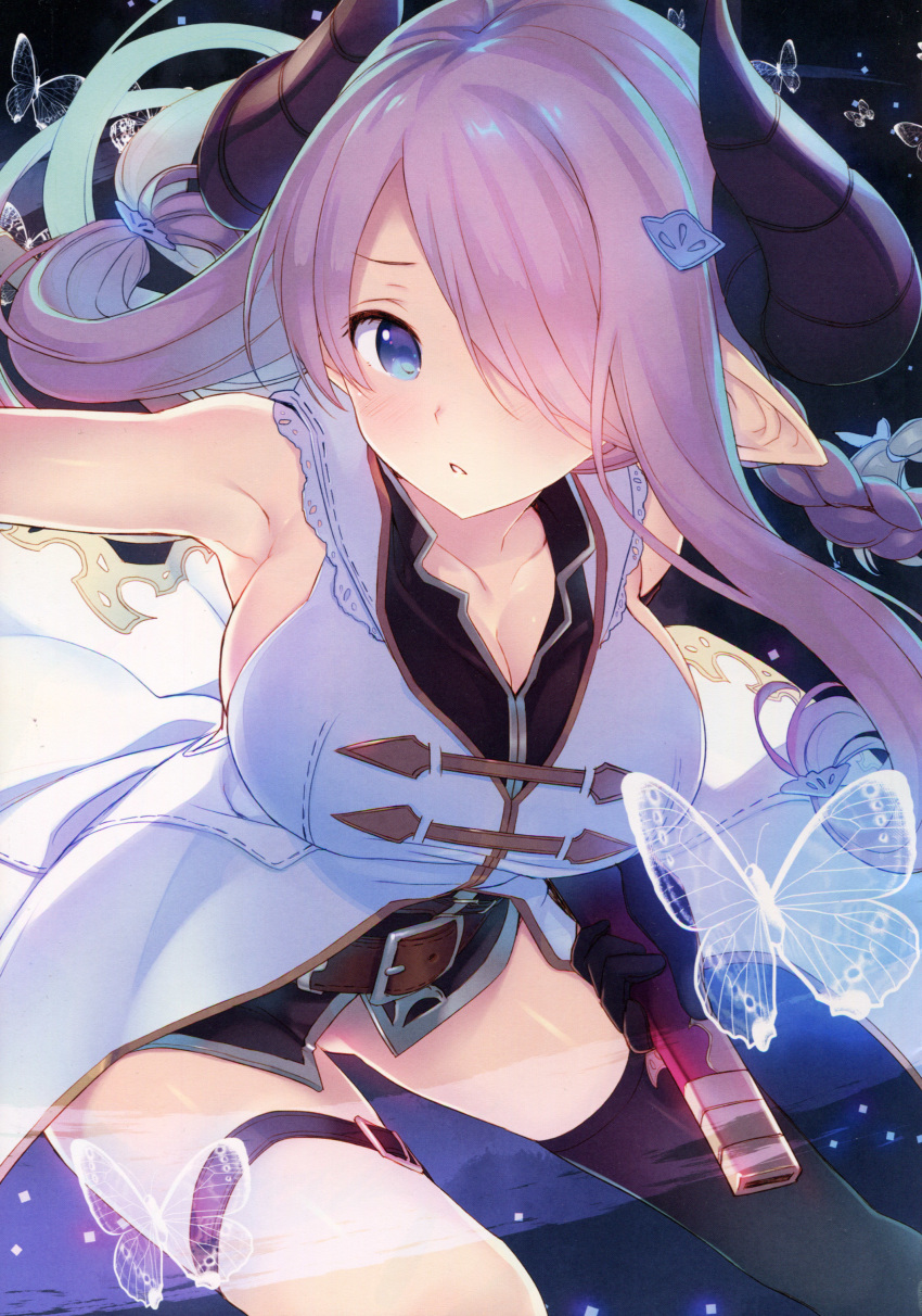 1girl absurdres armpits bare_shoulders belt belt_buckle black_gloves black_legwear blue_eyes blush braid breasts buckle bug butterfly cleavage collarbone draph gloves glowing_butterfly gluteal_fold granblue_fantasy hair_ornament hair_over_one_eye hairclip highres holding horns insect large_breasts leaning_forward long_hair looking_at_viewer narmaya_(granblue_fantasy) outstretched_arm parted_lips pink_hair pointy_ears scan sheath shiny shiny_hair shiny_skin simple_background single_thighhigh sleeveless solo tatami_to_hinoki thigh_strap thighhighs
