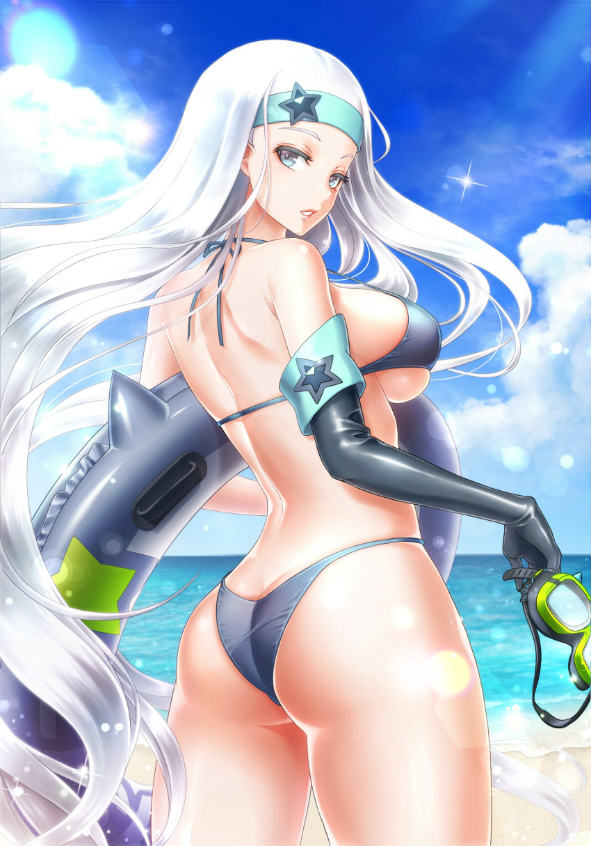 1girl ass bare_shoulders beach bikini blue_bikini blue_eyes blue_sky breasts butt_crack cloud cloudy_sky commentary_request day destiny_child diving_mask elbow_gloves from_behind gloves headband highres holding innertube kurowana lisa_(destiny_child) long_hair looking_at_viewer looking_back medium_breasts ocean official_art outdoors parted_lips shiny shiny_clothes shiny_skin single_elbow_glove single_glove sky solo sunlight swimsuit thighs very_long_hair water white_hair
