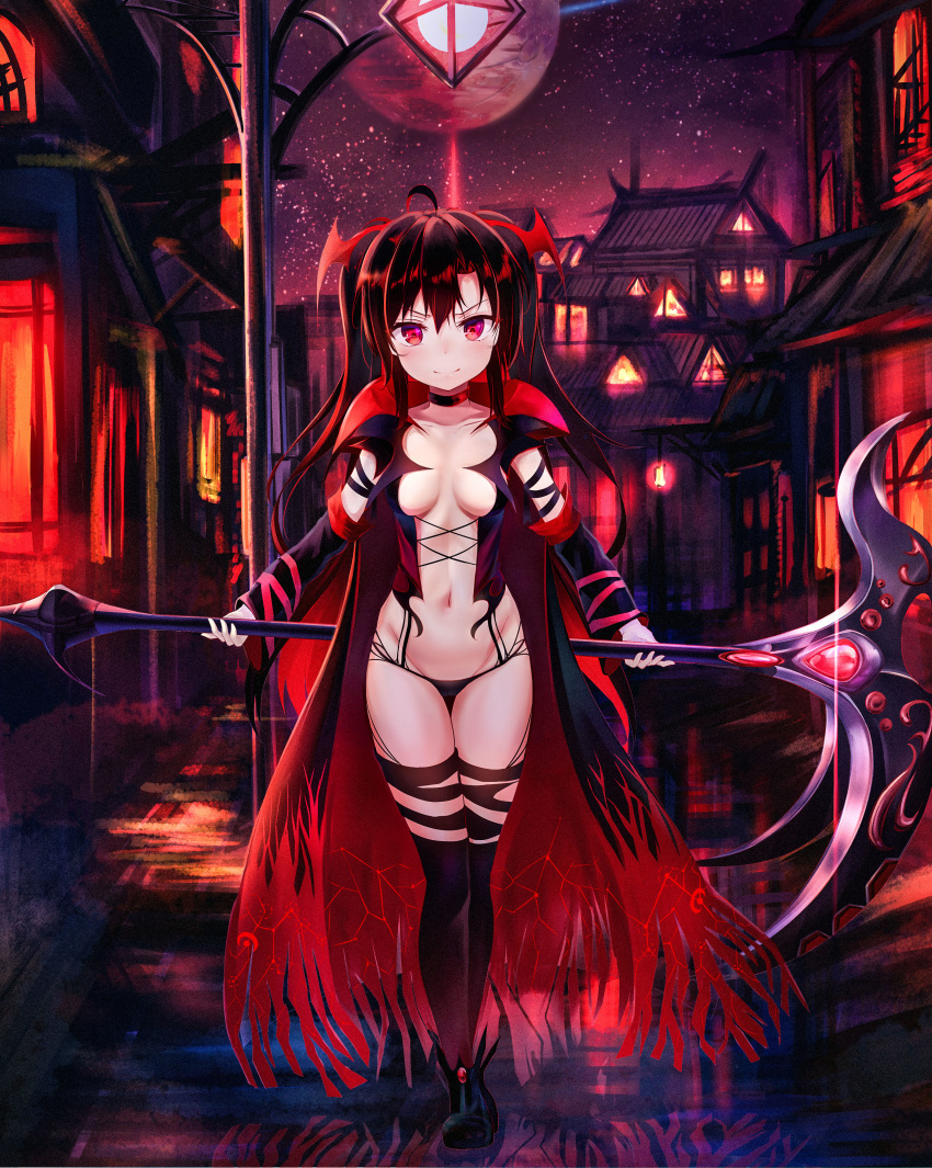 1girl absurdres ahoge bangs black_choker black_cloak black_footwear black_hair black_legwear black_panties breasts breasts_apart building choker cloak collarbone commentary exitb full_moon groin head_wings highres holding holding_scythe house lamp long_hair looking_at_viewer medium_breasts moon multicolored_hair navel night night_sky original panties red_eyes red_hair revealing_clothes scythe shoes sky smile solo star_(sky) starry_sky stomach thighhighs thighs torn_clothes torn_legwear two-tone_hair two_side_up underwear v-shaped_eyebrows very_long_hair wing_collar