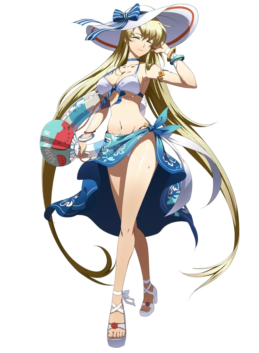 1girl absurdres armlet bare_shoulders bikini blonde_hair bracelet breasts choker cleavage closed_mouth collarbone eyes_closed fan hat highres holding innertube jewelry langrisser large_breasts long_hair navel official_art sandals sarong simple_background solo standing stomach sun_hat swimsuit toes underboob white_bikini