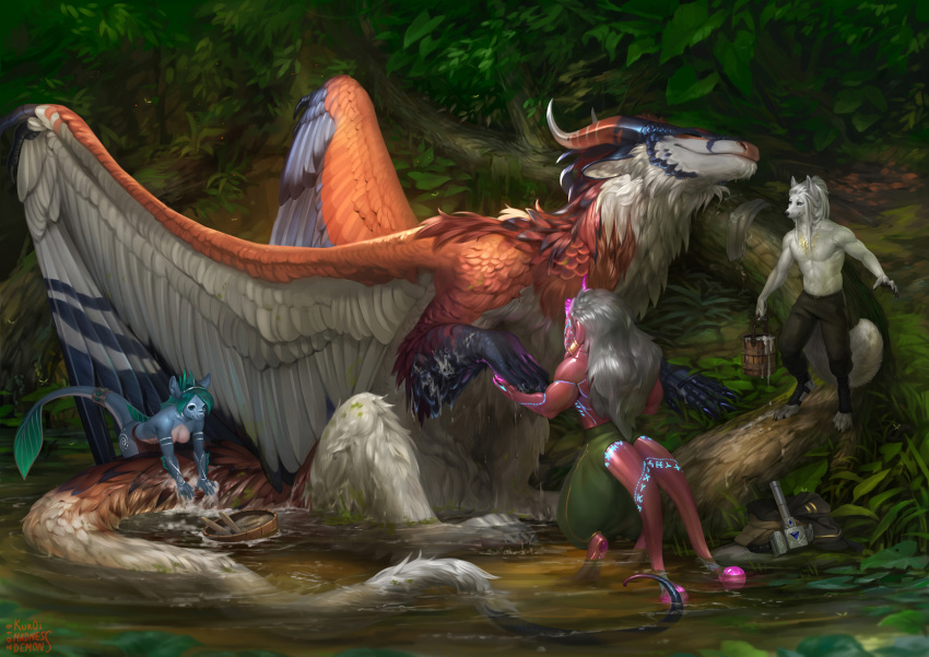 2019 5_fingers ambiguous_gender anthro bathing breasts bucket canid canine canis claws clothed clothing collaboration curved_horn day detailed_background digital_media_(artwork) digitigrade domestic_dog dragon eyes_closed feathered_dragon feathered_wings feathers featureless_breasts female feral fin fish forest fox fur furred_dragon group hair hammer hi_res holding_object horn kuroi-kisin leaf long_hair madness_demon madnessdemon male mammal marine outside partially_submerged seahorse sitting smile standing syngnathid syngnathiform tail_fin tools topless tree water white_feathers wings