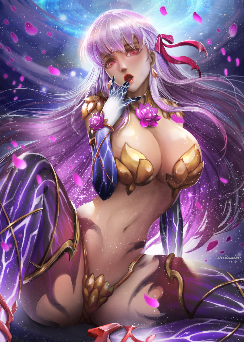 1girl absurdres arm_support armor bangs bare_shoulders bikini_armor bikini_top bow breasts cleavage dark_background dated detached_collar detached_sleeves earrings eyebrows_visible_through_hair fate/grand_order fate_(series) flower hair_bow hand_to_own_mouth highres jewelry kama_(fate/grand_order) kaze_no_gyouja large_breasts lips looking_at_viewer navel open_mouth parted_lips petals pink_bow red_eyes red_lips revealing_clothes signature silver_hair sitting solo spread_legs strapless thighhighs