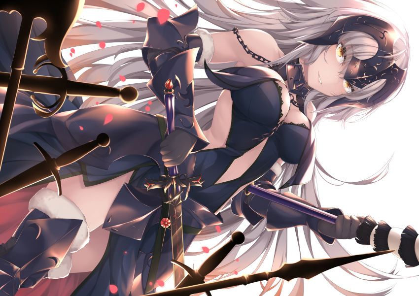 1girl absurdres ahoge armor armored_dress bangs bare_shoulders black_armor black_dress black_gloves boots breasts chains dress elbow_gloves fate/grand_order fate_(series) fur_trim gauntlets gloves greaves hair_between_eyes headpiece highres jeanne_d'arc_(alter)_(fate) jeanne_d'arc_(fate)_(all) kana616 large_breasts long_hair looking_at_viewer polearm silver_hair solo spanish_commentary sword thigh_boots thighhighs thighs very_long_hair weapon white_background yellow_eyes