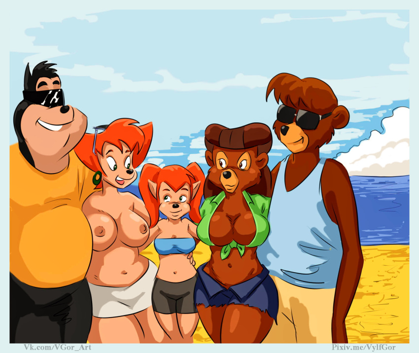 age_difference anthro big_breasts breasts canid canine clothing disney female goof_troop group happy hi_res kit_cloudkicker male mammal mature_female nude peg_pete pistol_pete pj_(goof_troop) rebecca_cunningham smile talespin ursid vylfgor