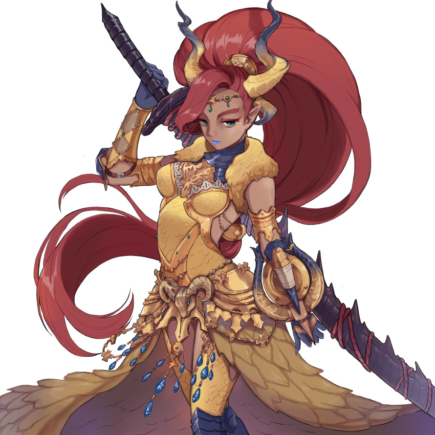 1girl absurdres armor armored_dress backless_outfit blue_lipstick bracer breastplate breasts buckler circlet commentary_request cosplay cross dark_skin dragon_horns dress elbow_pads eyeshadow feather_boa forehead_jewel gem gerudo gold_trim gorget greaves green_eyes hair_over_one_eye hair_pulled_back high_ponytail highres hijiri_haku_osame horns huge_weapon kulve_taroth_(armor) lipstick long_dress long_hair makeup medium_breasts monster_hunter monster_hunter:_world nintendo nose over_shoulder pointy_ears red_hair scale_armor shield solo sword sword_over_shoulder the_legend_of_zelda the_legend_of_zelda:_breath_of_the_wild thick_eyebrows thighhighs urbosa very_long_hair weapon weapon_over_shoulder