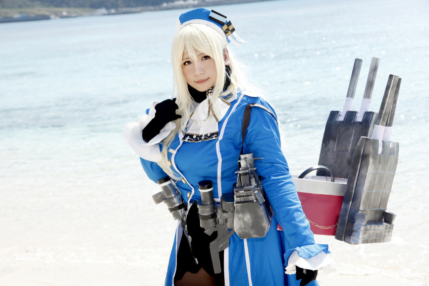 1girl aircraft airplane asian atago_(kantai_collection) atago_(kantai_collection)_(cosplay) battleship blonde_hair cannon chouzuki_maryou cosplay gloves gun highres kantai_collection military military_uniform military_vehicle personification photo plump ship solo uniform warship watercraft weapon