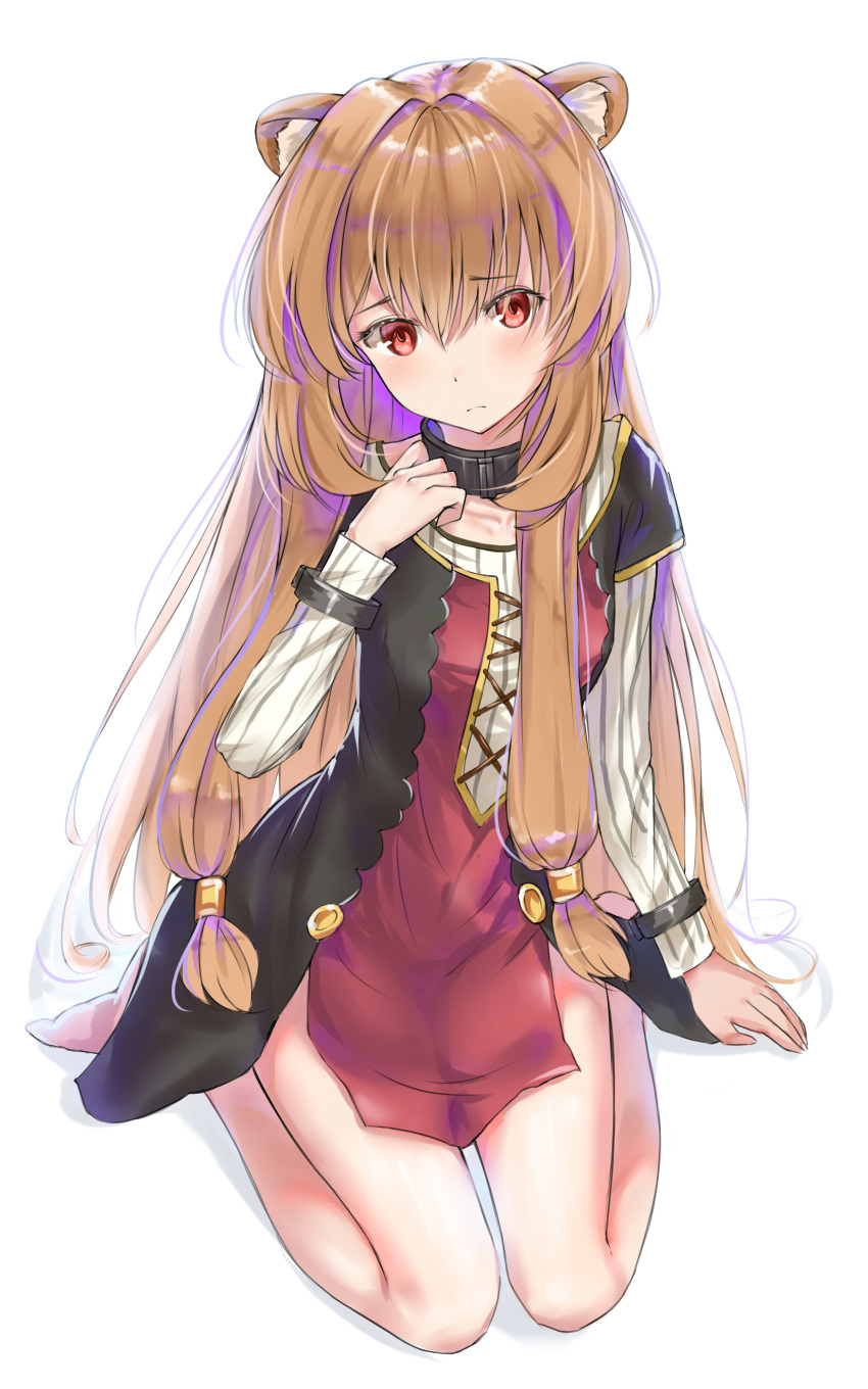 1girl absurdres animal_ears arm_support blush brown_hair collar collarbone cuffs hair_between_eyes highres huijin_zhi_ling long_hair raccoon_ears raphtalia ribbed_sweater sitting solo sweater tate_no_yuusha_no_nariagari very_long_hair wariza white_background younger