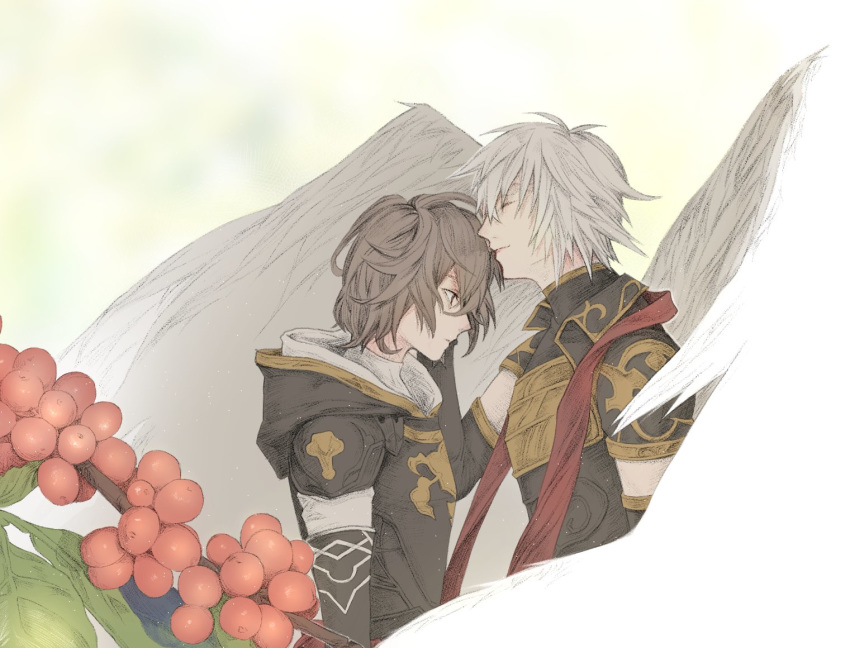 2boys angel_wings armor berries black_gloves branch brown_eyes brown_hair elbow_gloves eyes_closed gloves granblue_fantasy hood hood_down leaf lucifer_(shingeki_no_bahamut) multiple_boys open_eyes sandalphon_(granblue_fantasy) simple_background smile turtle white_background white_hair white_wings wings yato_1998