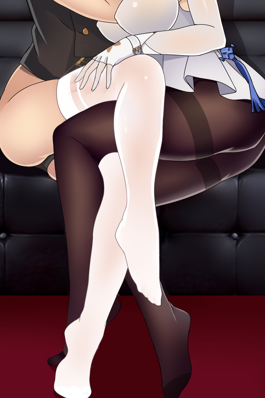 2girls absurdres ass between_breasts black_legwear black_panties breasts corset couch dress erect_nipples girls_frontline gloves hand_between_breasts hand_on_another's_thigh highres implied_kiss large_breasts legs lower_body microdress mole_on_thigh multiple_girls no_pants panties pantyhose pdc qbz-95_(girls_frontline) qbz-97_(girls_frontline) sitting thighband_pantyhose underwear white_dress white_gloves white_legwear yuri