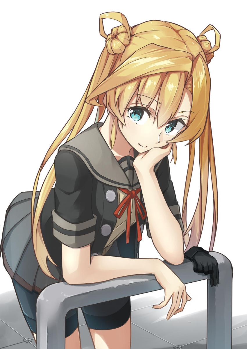 1girl abukuma_(kantai_collection) bike_shorts black_gloves black_jacket blonde_hair blue_eyes closed_mouth double_bun gloves grey_sailor_collar grey_skirt hair_between_eyes hair_rings highres jacket kantai_collection long_hair looking_at_viewer neck_ribbon negahami pleated_skirt red_ribbon remodel_(kantai_collection) ribbon sailor_collar school_uniform serafuku short_sleeves shorts shorts_under_skirt skirt solo twintails