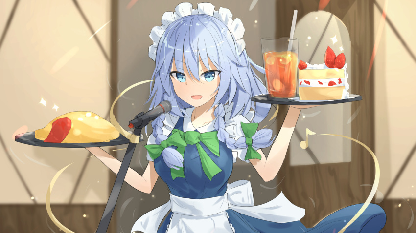 1girl absurdres apron bangs blue_dress blue_eyes bow bowtie braid breasts commentary_request cowboy_shot cup daysoon1124 dress drinking_glass drinking_straw eyebrows_visible_through_hair food fruit green_bow green_neckwear hair_between_eyes hair_bow hands_up highres holding holding_tray ice ice_cube indoors izayoi_sakuya ketchup maid maid_apron maid_headdress medium_breasts omurice open_mouth puffy_short_sleeves puffy_sleeves revision shirt short_hair short_sleeves silver_hair smile solo sparkle standing strawberry strawberry_shortcake touhou tray twin_braids waist_apron white_apron white_shirt