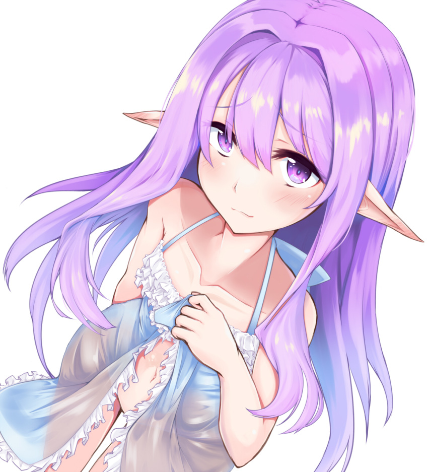 1girl blue_dress character_request collarbone copyright_request dress dress_lift elf from_above highres lifted_by_self lingerie long_hair looking_up navel negligee no_panties pointy_ears purple_eyes purple_hair see-through_silhouette smile solo suu2510 underwear